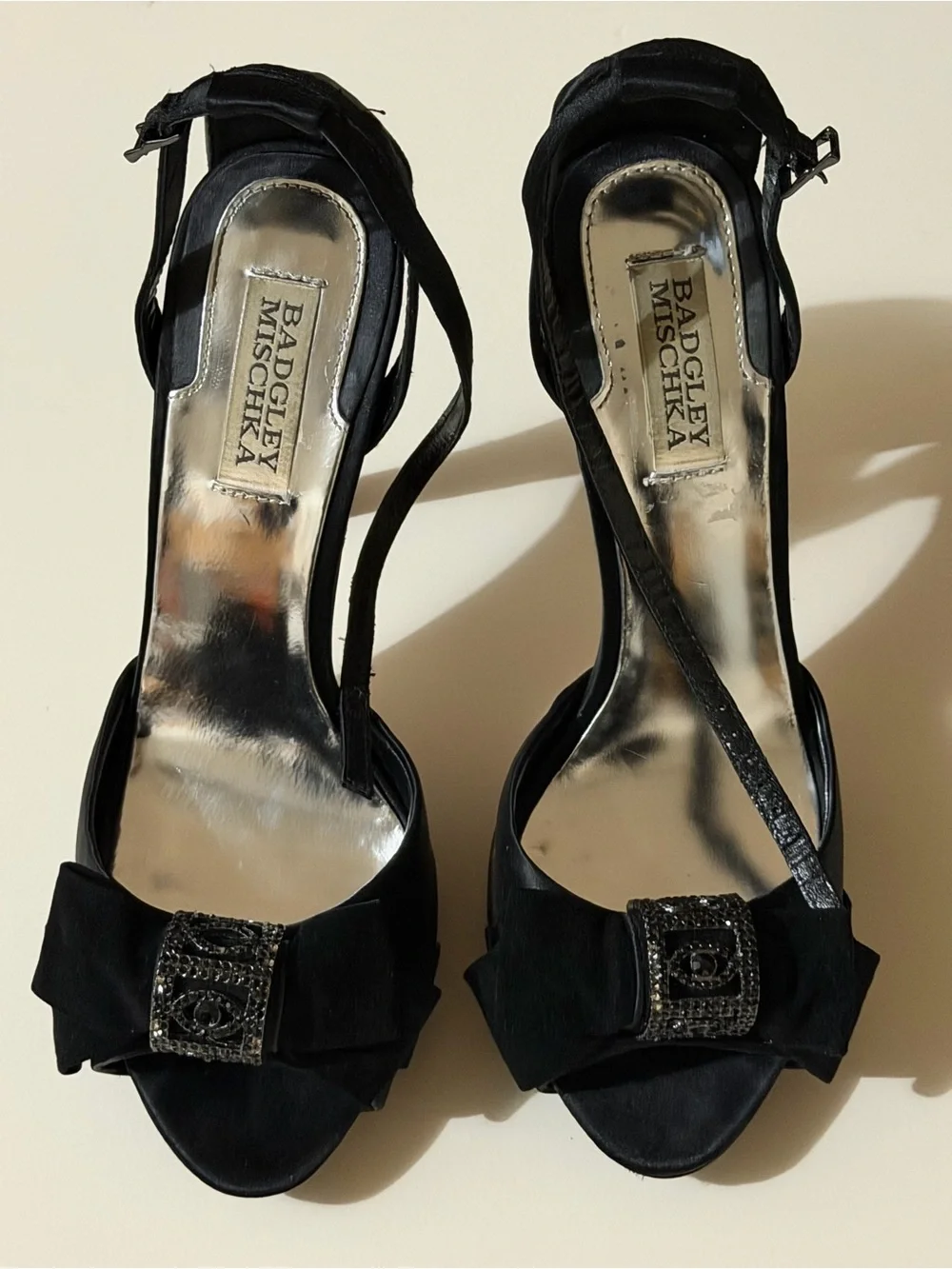 Badgley Mischka Vogue Black Satin Crystal D’Orsay 4” Stiletto Heels | Size 9